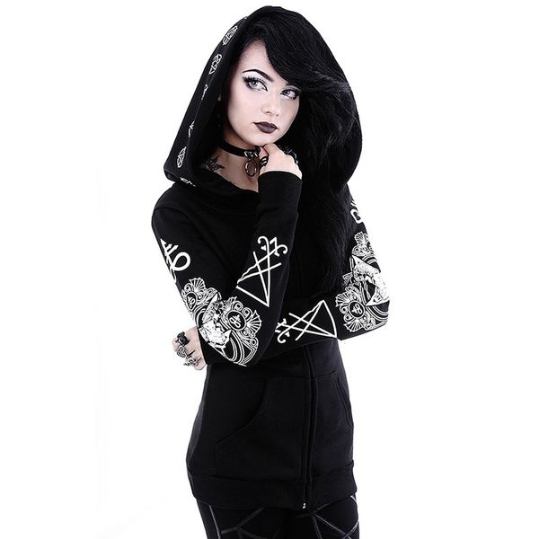 

sigil satan goat head god sweatshirt gothic black zipper pocket hooded hoodies women pentacle plus size witch coat jacket