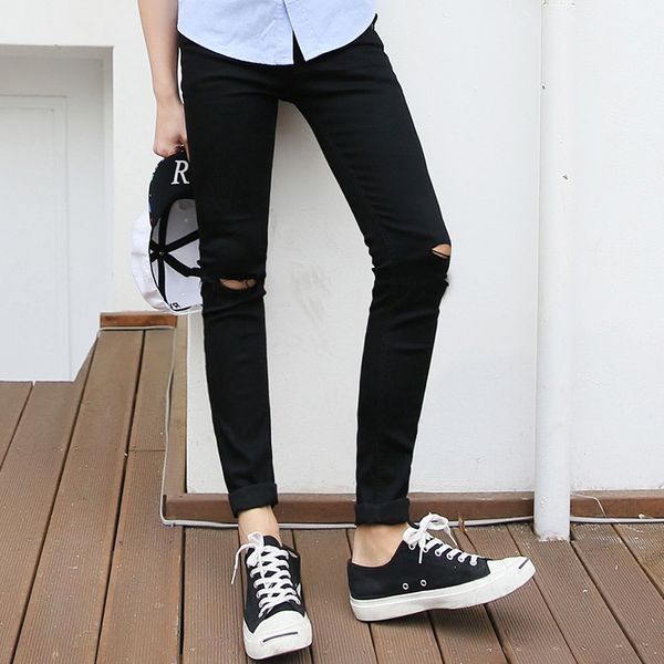 

autumn and winter 2020 fashion denim fashion korean black hole knee slim jeans men's stretch beggar feet pencil pants, Blue