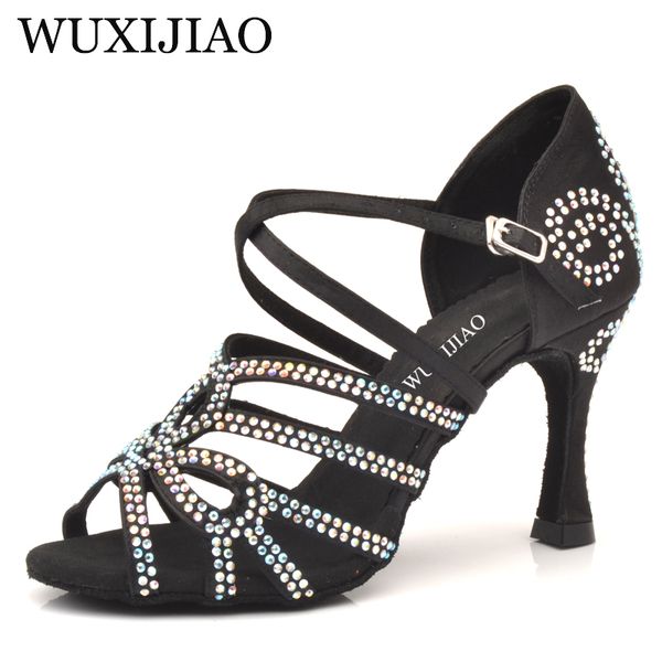 

wuxijiao women's latin dance shoes color satin sequins rhinestones cuban high heels 9cm