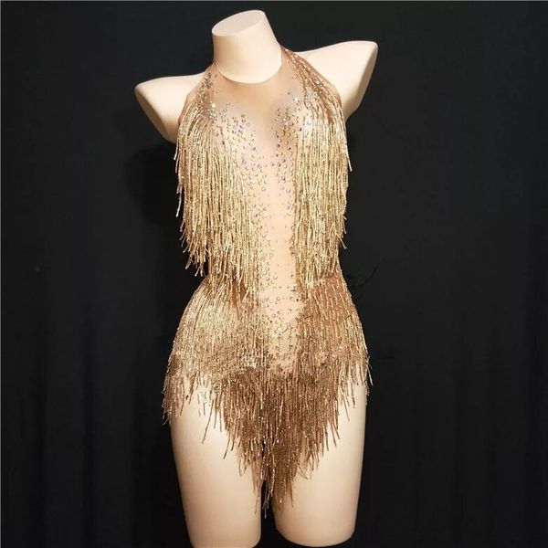 

gold tassel crystals female costume singer dancer nightclub bar jazz show stage dj performance star leotard party bodysuit, Black;red