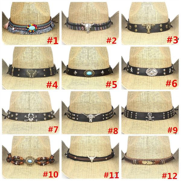 

13 stlye summer women men straw hollow western cowboy hat with punk brandsombrero hombre beach cowgirl jazz sun hat size 56-58cm, Blue;gray