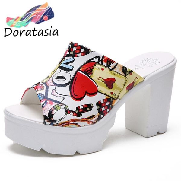 

doratasia women open toe block heel shoes fashion leisure pumps women summer graffiti pumps, Black