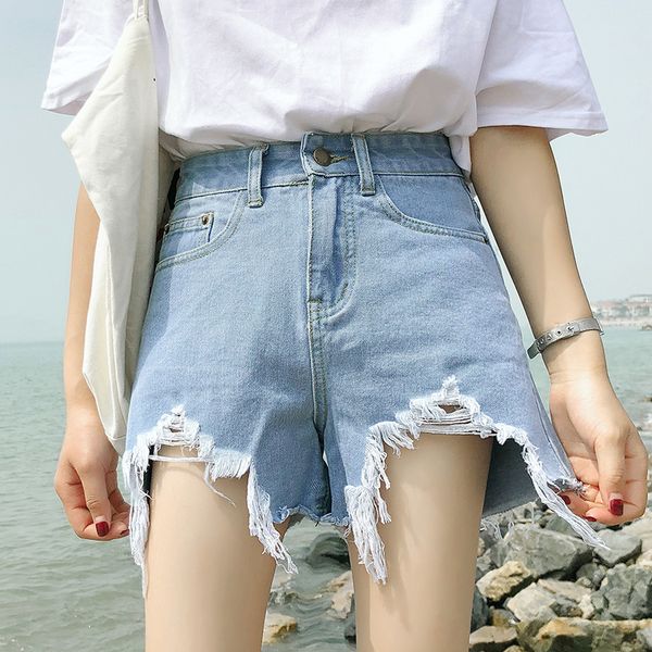 

harajuku denim shorts for women 2019 summer high waist ripped hole shorts with tassel pockets mini short jeans, White;black