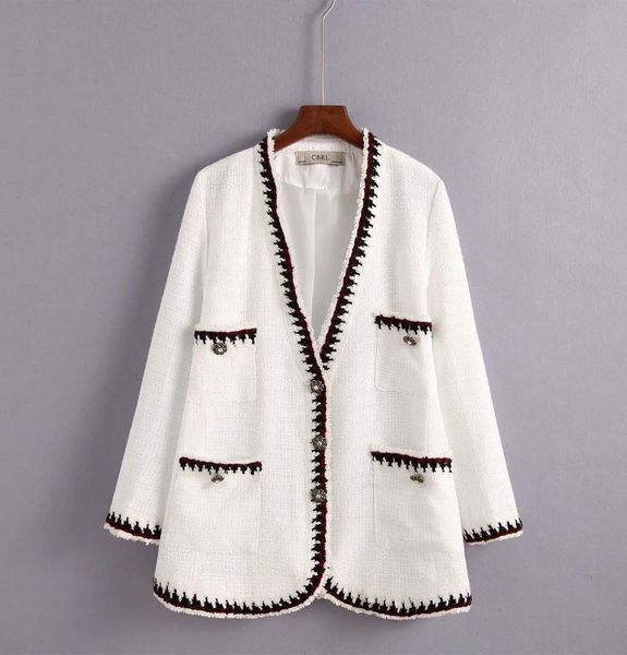 

casual white woman tweed jacket 2019 spring-autumn new fashion v-neck twill ladies coat elegant loose nature full female coat, Black