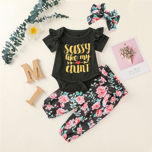 

summer newborn baby girl clothes short sleeve letter print romper + floral pants headband 3pcs outfits baby set, White