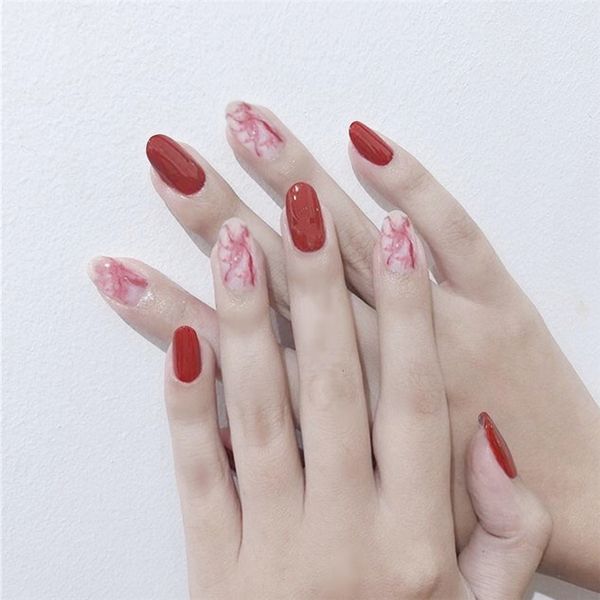 

new red pure color with halo dyeing pattern false nails bride round full nail tips midle-long size lady fake nails, Red;gold