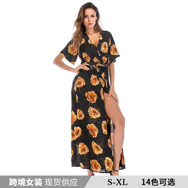 

2020 women's dress dark v-neck multicolor short-sleeved chiffon floral beach dress summer holiday, Black;gray