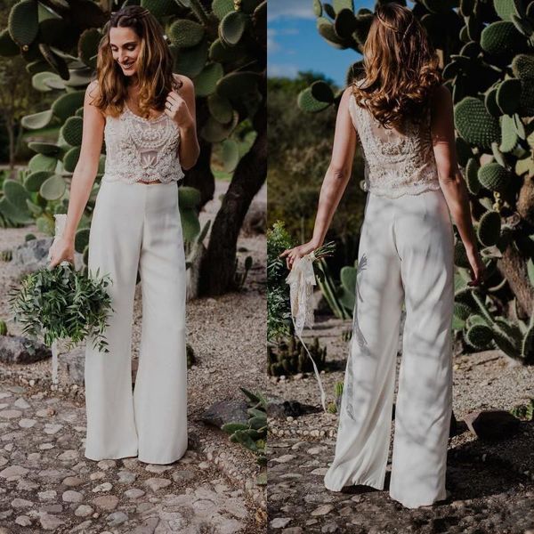 

2019 новые две пьесы чешские брюки костюм свадебные платья бисером жемчуг видеть сквозь стиль страны пляж свадебные платья abiti да sposa, White