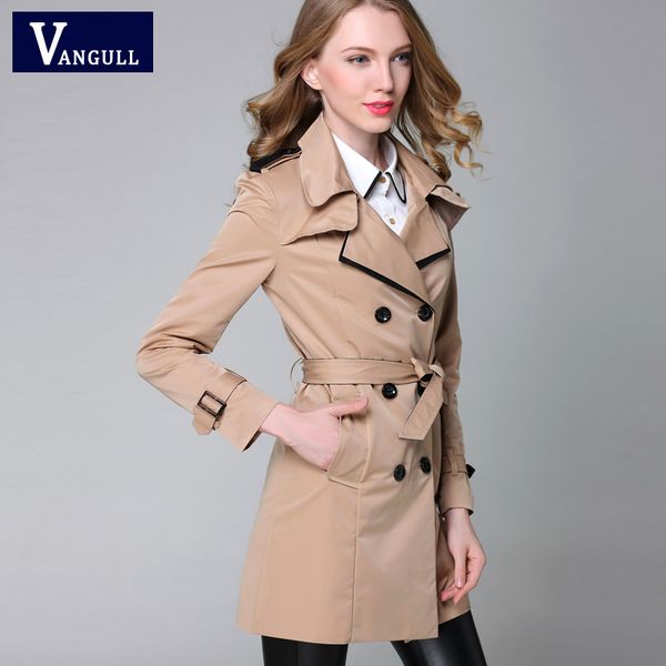 

vangull 2016 new fashion designer brand classic european trench coat khaki black double breasted women pea coat real ps, Tan;black