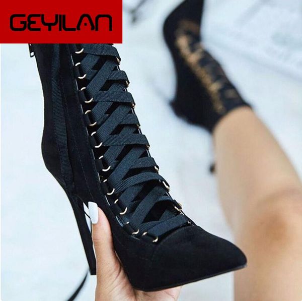

12cm 2019 new large size high heels female fine with pointed cross straps bare boots women ankle boots se-87, Black