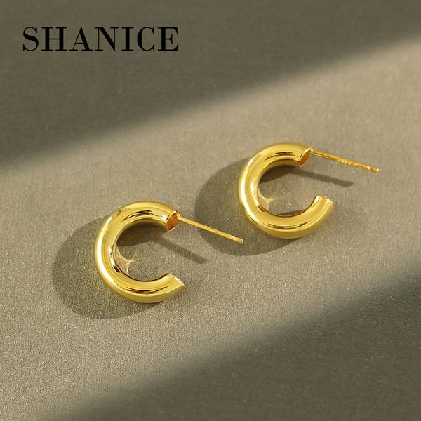

shanice 100% 925 sterling silver hoops earrings tube round circle statement earrings for women alloy trendy rock punk brincos, Golden;silver