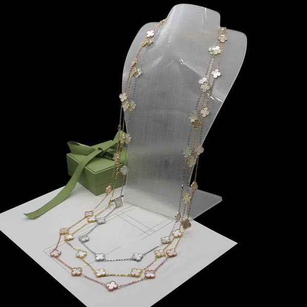 

sweater chain lady women brass vintage 20 motifs onyx mother of pearl malachite carnelian four leaf flower 18k gold long necklace 3 color, Silver