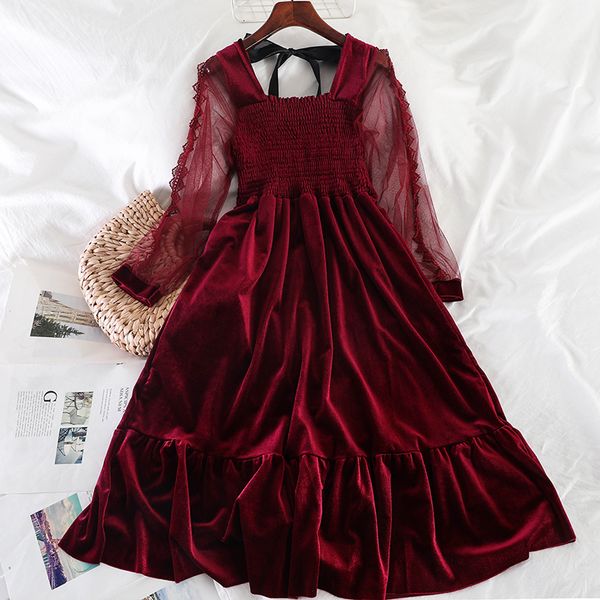 

2020 summer new mesh velvet patchwork women dresses square collar solid a-line knee-length lady elegant dresses quality, Black;gray