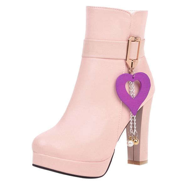 

outdoor boots women belt buckle side zipper waterproof platform round head high heels zipper ankle boots fashion botas mujer, Black