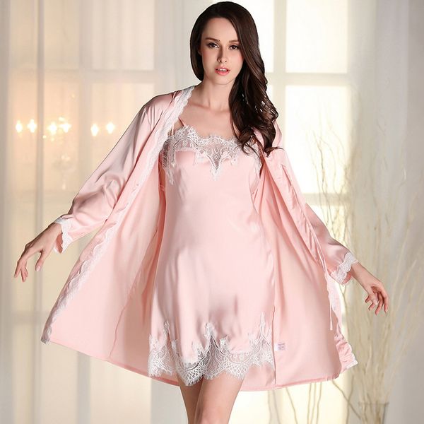 

women robe sets embroidered lace 2 pcs robe + night dress sleepwear cute nightgowns pajamas spaghetti strap with coat, Black;red