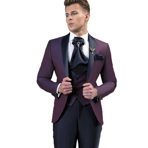 

one button burgundy groom tuxedos shawl lapel men suits 3 pieces wedding/prom/dinner blazer (jacket+pants+vest+tie) w608, Black;gray