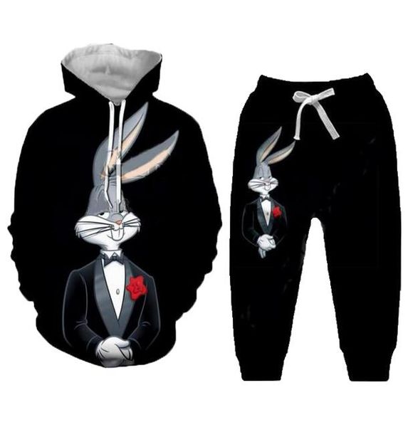 Novos homens mulheres bugs bunny engraçado impressão 3d moda treino crewneck hip hop moletom e calças 2 peças conjunto hoodies tz11263m