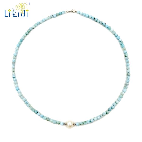 

liiji unique natural stone blue larimar 2mm/3-4mm round faceted beads freshwater pearl 925 sterling silver choker necklace, Golden;silver
