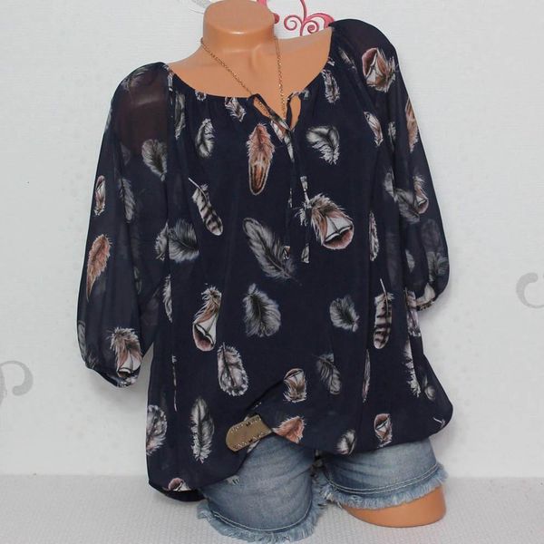 

designer women blouse plus size chiffon blouse women fashion sleeve feather print big tunic v neck blouse and blusa, White
