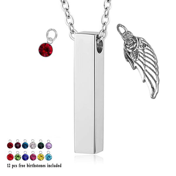 Ala d'angelo con 12 pezzi Birthstone Ciondolo Bar Cubo Urna commemorativa Collana Cremazione Ceneri Gioielli Ricordo