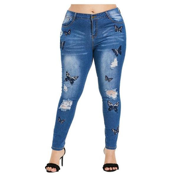 

embroidery butterfly hole womens jeans plus size elastic high waist stretchy pants denim trousers buttons pockets big 5xl #n, Blue