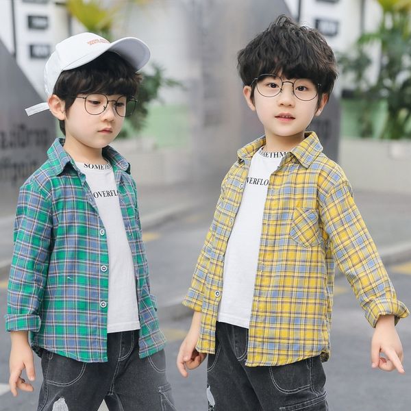 

men's autumn long-sleeved shirt plaid handsome children's foreign-style boy's medium and large children's thin shirt fas, White;black