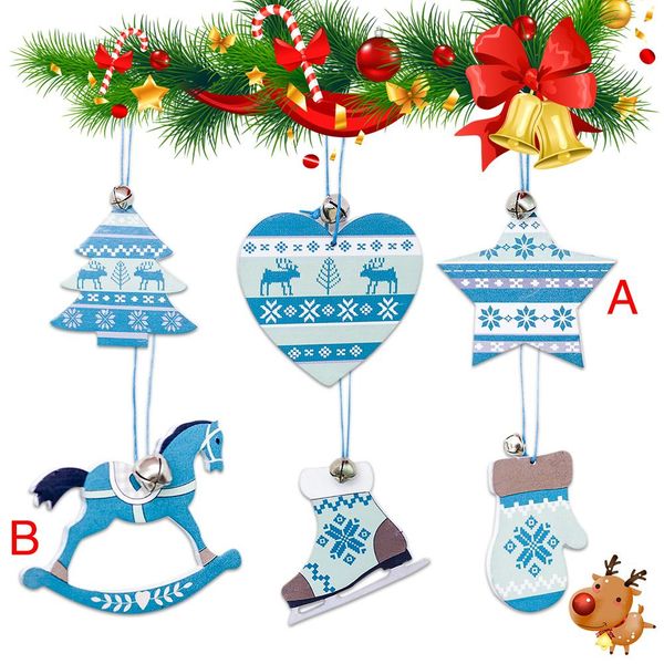 

3pcs christmas tree decorations nordic style christmas decor blue drawing wooden card pendant decorations for home
