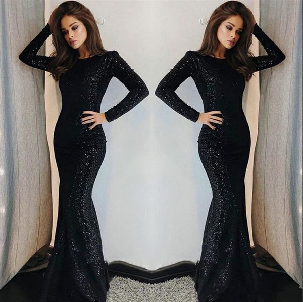 

2019 black sequins scoop neck prom dress long sleeves pageant holidays wear graduation plus size evening party gown custom made