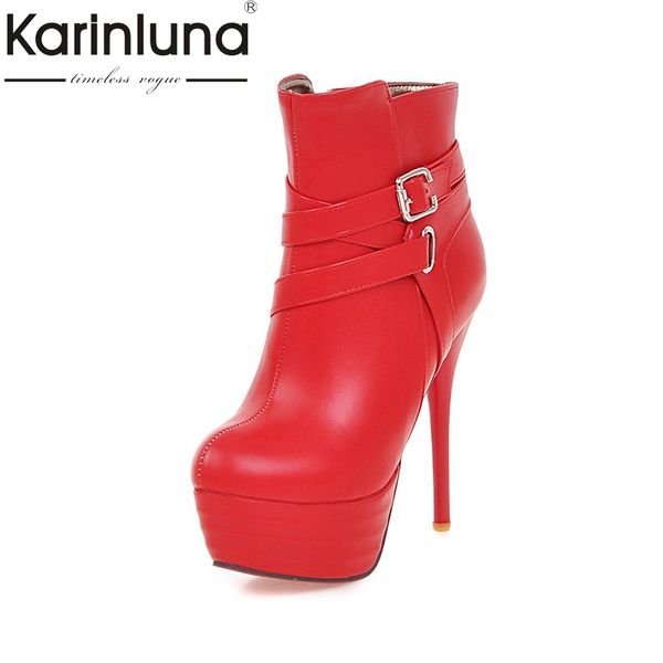 

karin 2018 large size 33-46 platform buckles women boots woman fashion add warm plush thin high heel party ankle boots, Black
