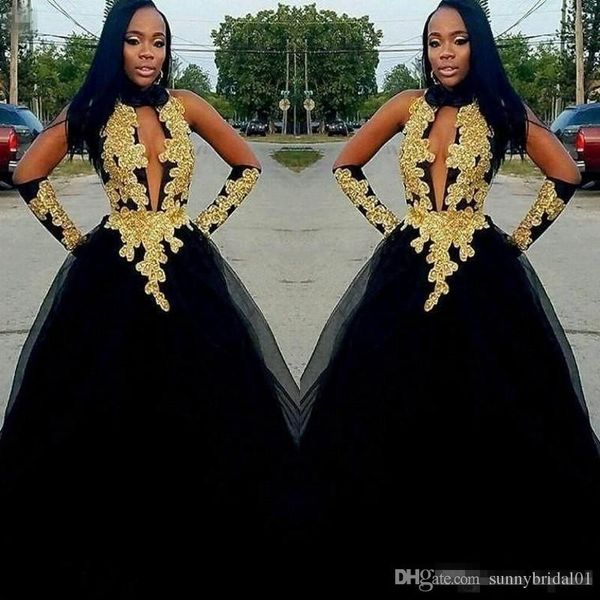 

2019 high neck african prom dresses with gold lace appliques a line formal evening dress detachable sleeves party gown vestido de festa, Black;red