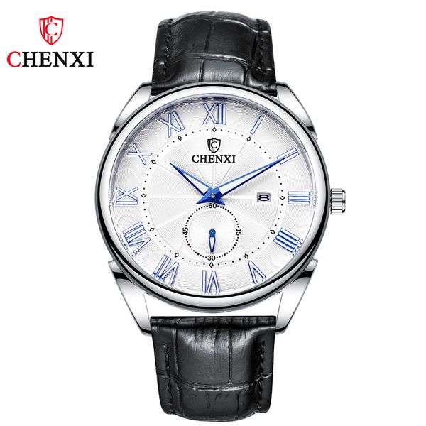 

luxurychenxi mens watches genuine leather fashion quartz montre homme date luminous wristwatch mens clock waterproof sport waches men, Slivery;brown