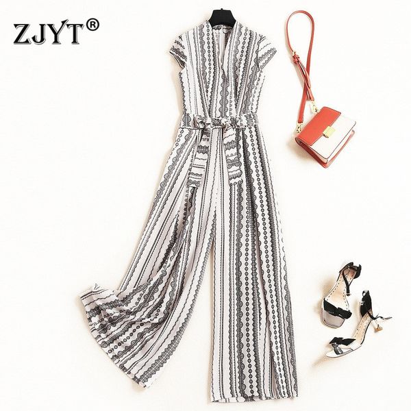 

2019 summer designer elegant jumpsuit women fashion short sleeve lace up stripe print long overalls rompers womens jumpsuits, Black;white
