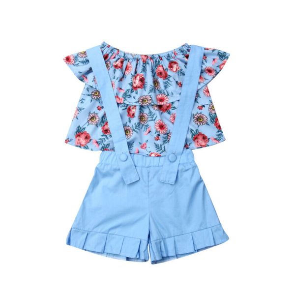 

summer toddler baby girls clothes floral off-shoulder +bib shorts outfit set, White