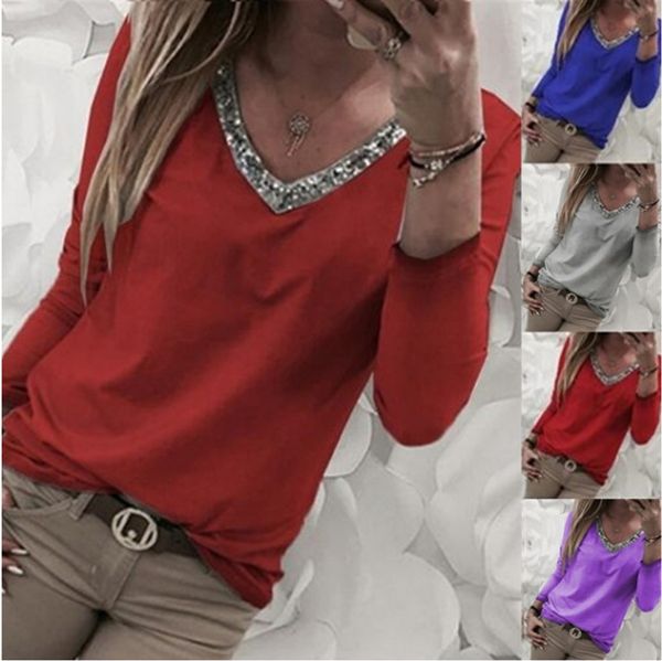 

spring new fashion women's casual clothing v-neck sequins long sleeved shirt plus size blouse s-5xl, White