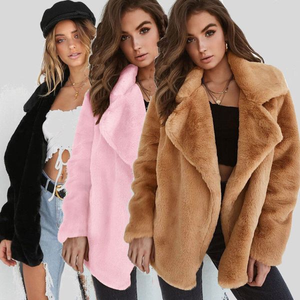

women's fleece fur jacket outerwear winter warm hooded fluffy coat sweater, Tan;black
