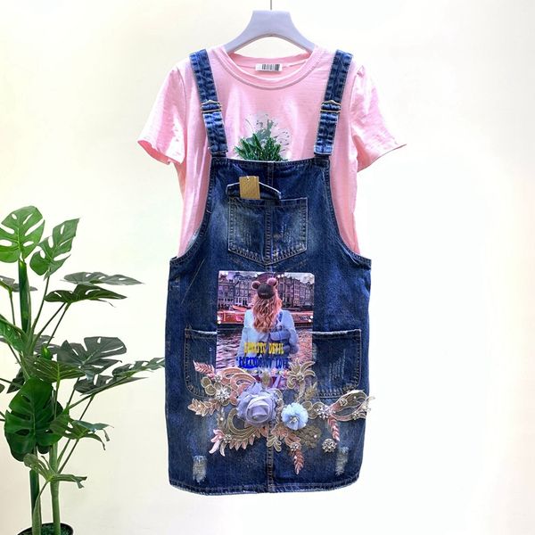 

summer new fashion strap skirt women three-dimensional flower bead sequined hole cowboy skirt strap jeans skirts girl student, Black