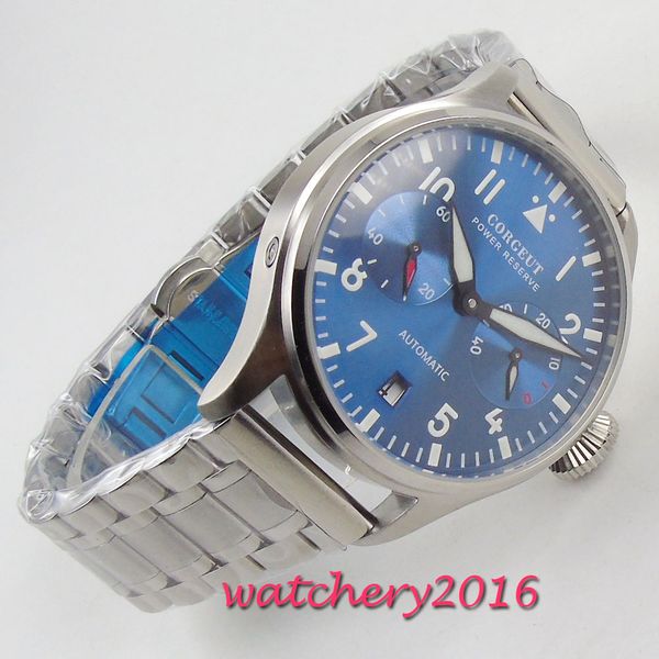 

new 42mm corgeut power reserve luminous blue dial full stainless steel mechanical automatic men watch, Slivery;brown