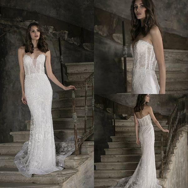 

tony ward wedding dresses sweetheart lace appliques beads sequins mermaid bridal gowns 2020 custom made sweep train wedding dress, White