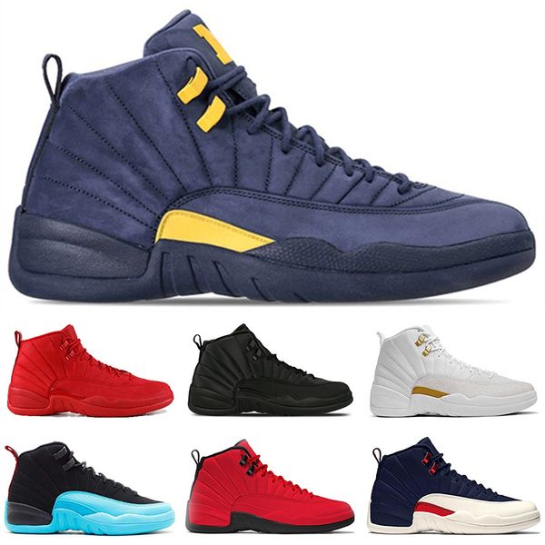 

mens winterized 12 12s basketball shoes men gym red bulls michigan dark grey black white gamma blue athletics trainer sports sneakers
