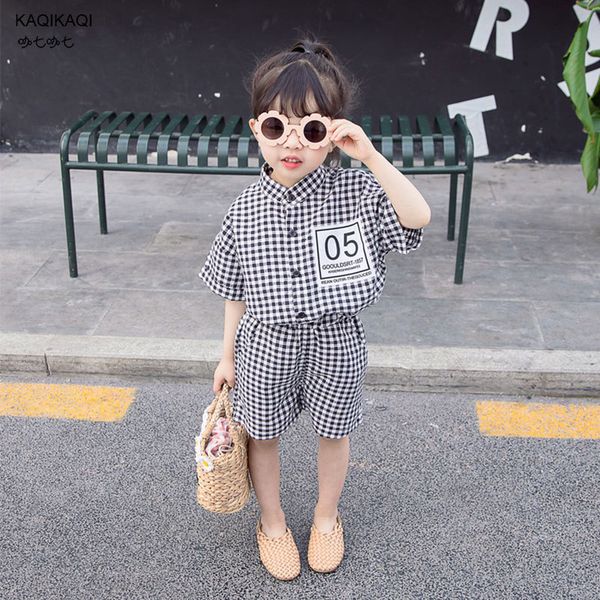 

girs style baby summer korean plaid clothes set infant kids children cotton linen short sleeve t shirt+shorts 2pcs suits outfit, Blue;gray