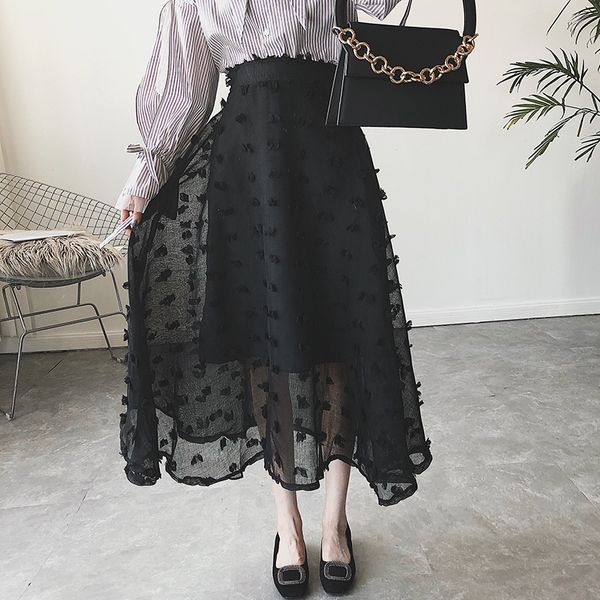 

2019 season black gauze skirt suit-dress long fund half-body summer a-line skirt high waist umbrella j1904