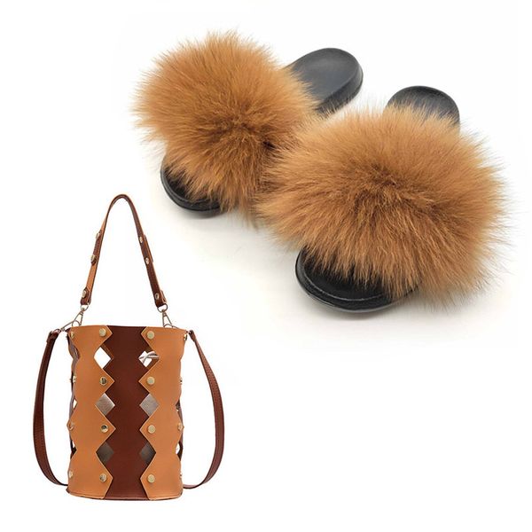 

fashion women's fur slides outside shopping cutout buckle shoulder bags sets casual furry hair slippers lady hand purses, Black