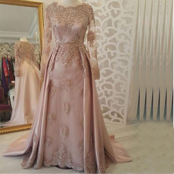 

Modest 2019 Formal Evening Dresses Long Sleeves Seer Neck Beads Appliques Lace Arabic Evening Party Dresses Custom Made Champagne Prom Gowns