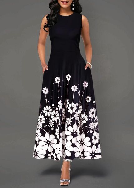 

us summer women elegant vintage a-line dress tunic long sleeveless floral print sundress evening party maxi dress, Black;gray