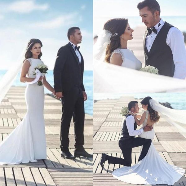 

Elegant Satin Mermaid Wedding Dresses Beads Backless Plus Size Sexy Bridal Gowns Jewel Neck New Boho Wedding Gowns 63