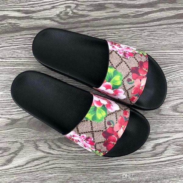 

2019 luxury designer slipper summer fashion floral brocade rubber wide flat slide men women beach causal sandals sneakers flip flops size, Black