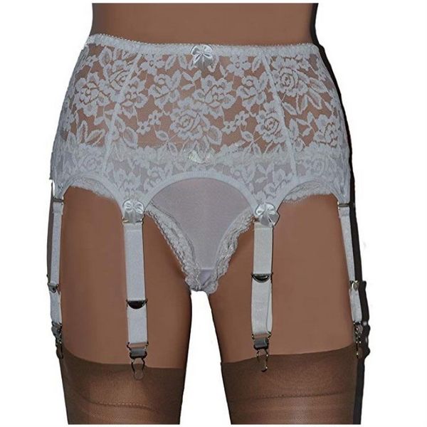 Reggicalze da donna sexy bianco da sposa Reggicalze elastico Reggicalze 6 cinghie con fibbie in metallo Reggicalze in pizzo e reggicalze con fiocchi in raso Senza calza