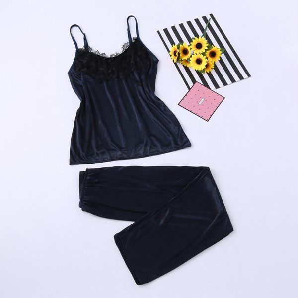

2019 2pcs ladies satin sleepwear babydoll lingerie nightwear pyjamas set pant pijama mujer algodon verano, Blue;gray