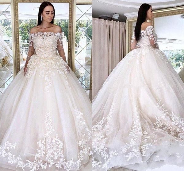 

3d floral lace appliques ball gown wedding dresses 2021 arabic bateau long sleeves puff bridal gowns sweep train vestidos de novia al4197, White