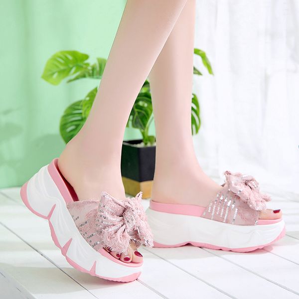 

2020 bowknot women sandals summer platform sandals high heels sandal wedge shoes women ladies high 8cm plataforma beach shoes, Black